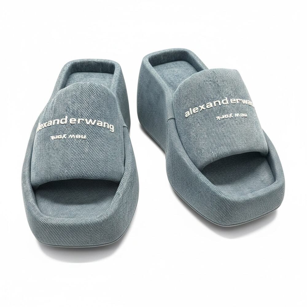 Alexander Wang Taji Platform Slides Blue Denim Heeled Sandals EU 34 US 4 Luxury